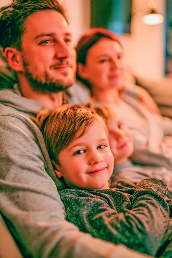 Eine Familie sitzt zusammen auf dem Sofa.