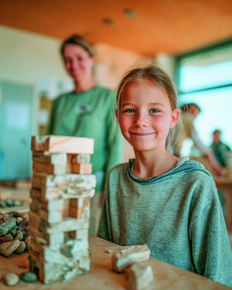 Ein Mädchen spielt mit Holzbausteinen.
